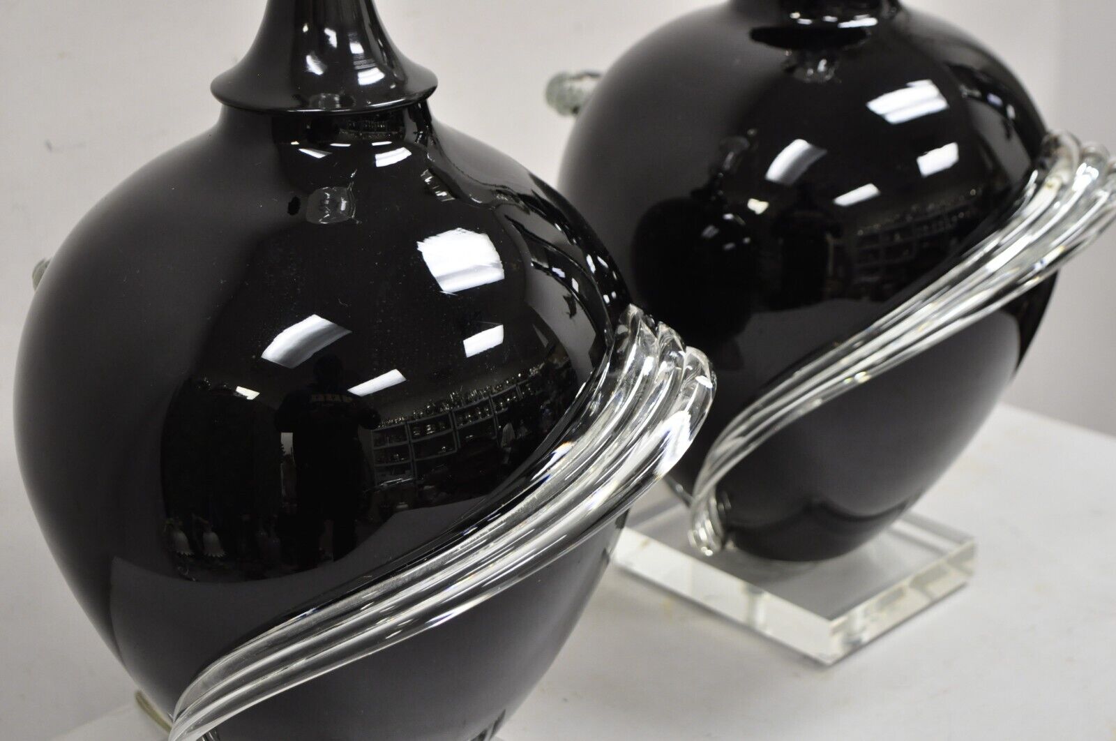 Vintage Postmodern Black Blown Glass Clear Ribbon & Lucite Table Lamps - a Pair