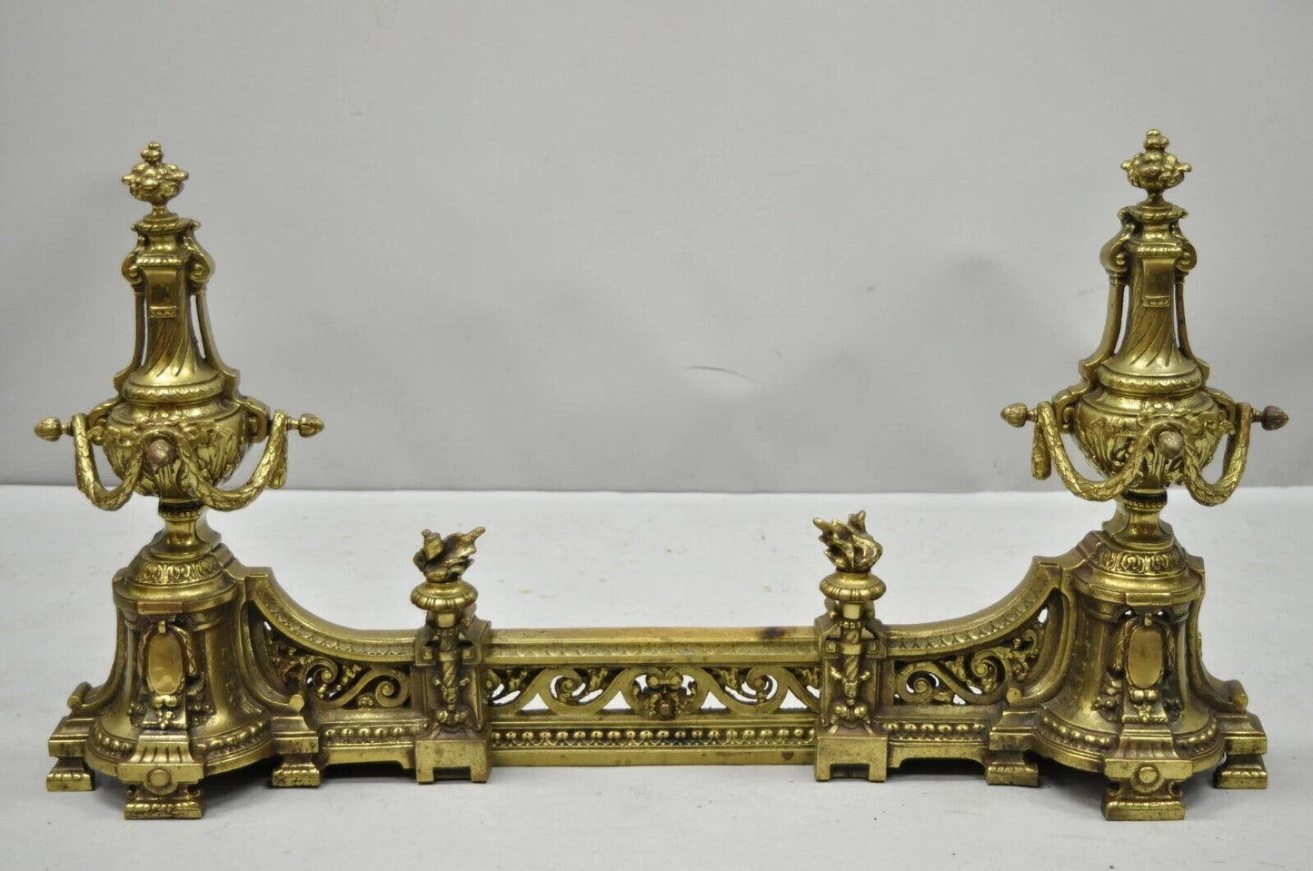 Antique French Louis XVI Brass Bronze Flame Finial Andirons w/ Adjustable Fender