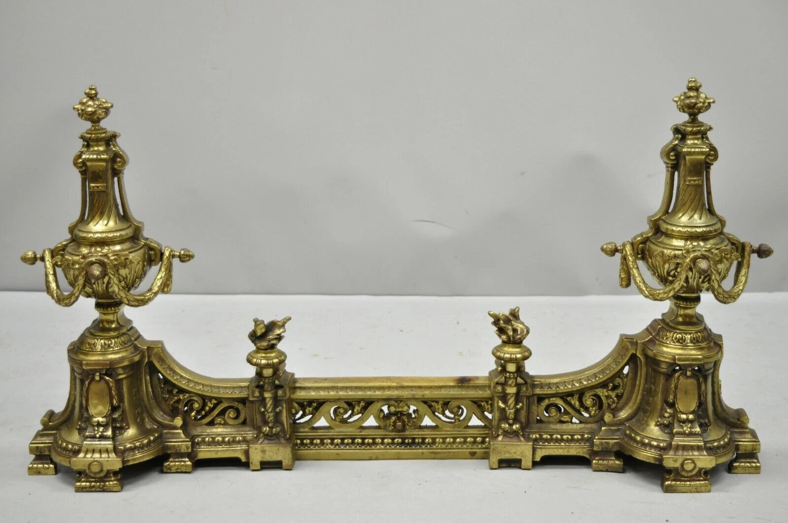 Antique French Louis XVI Brass Bronze Flame Finial Andirons w/ Adjustable Fender