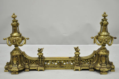 Antique French Louis XVI Brass Bronze Flame Finial Andirons w/ Adjustable Fender
