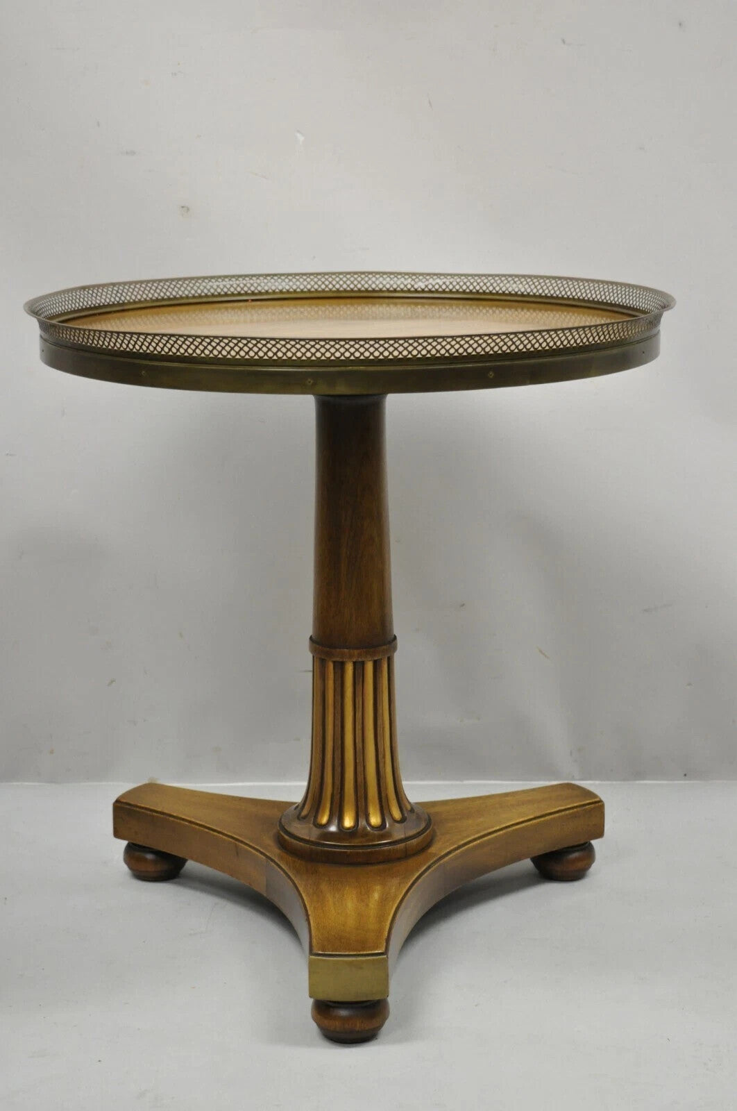 Vintage French Empire Mahogany Pedestal Base Round Brass Gallery Center Table