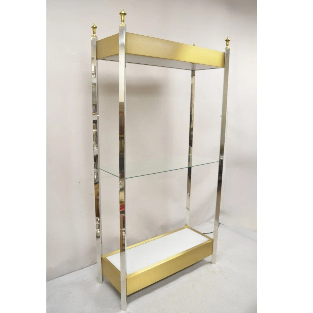 Vintage Mid Century Modern Lighted Chrome & Brass Etagere Display Shelf Curio