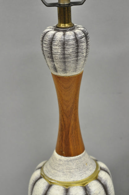 Vintage Mid Century Modern Walnut & Ceramic Small Sculptural Table Lamps - Pair