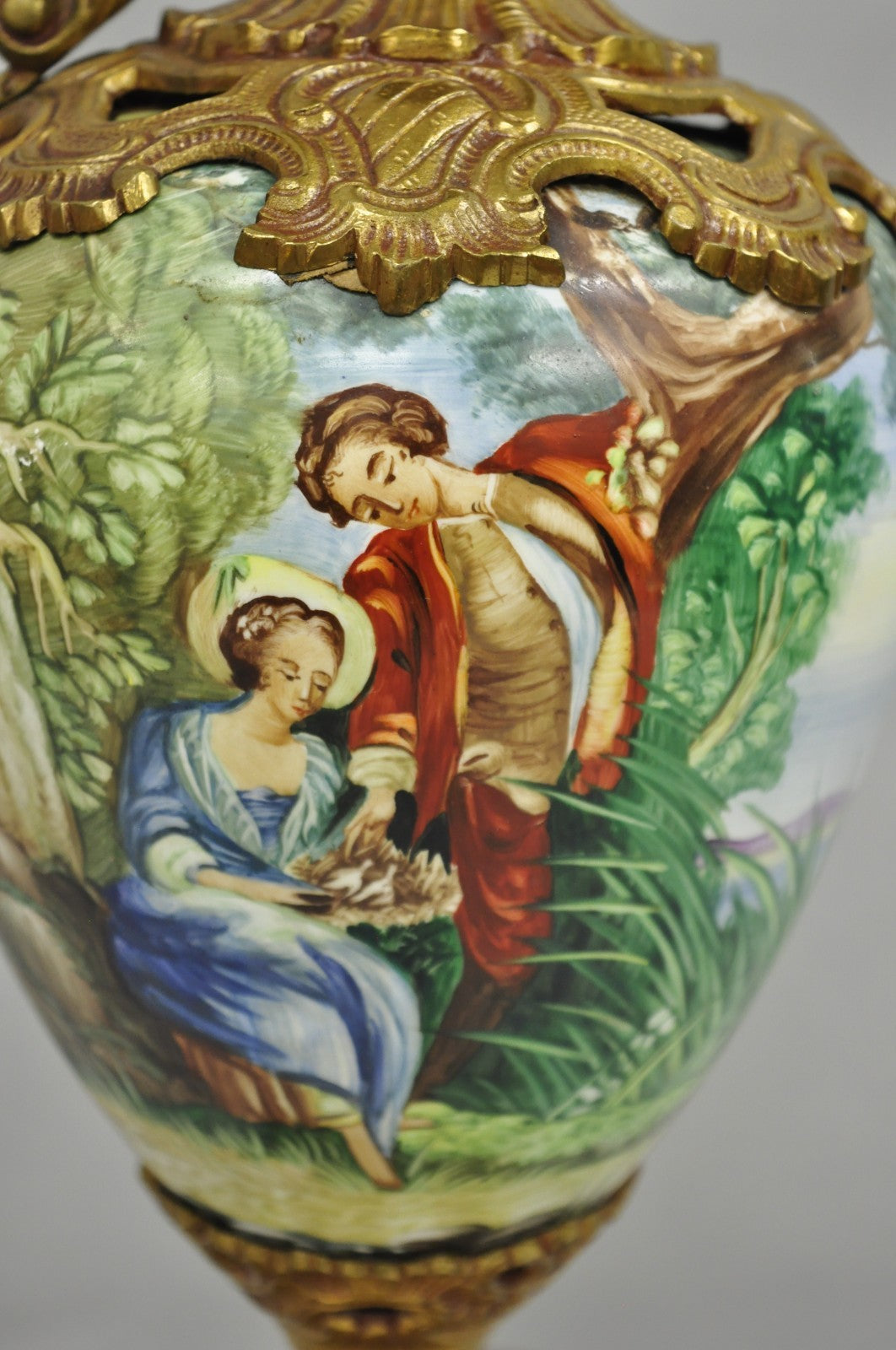 Vintage French Renaissance Style Painted Porcelain Urn Brass Ewer Table Lamp