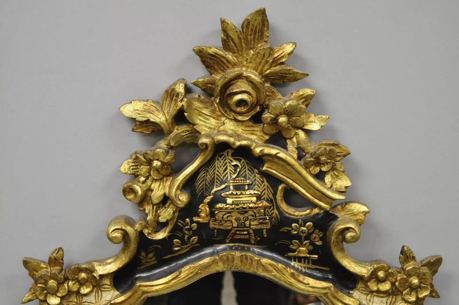 Vintage Chinoiserie Japanned Rococo Italian Gold Gilt Carved Wood Wall Mirror