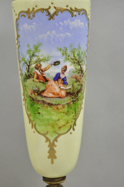 Antique French Renaissance Slender Porcelain Urn Hand Painted Table Lamps - Pair