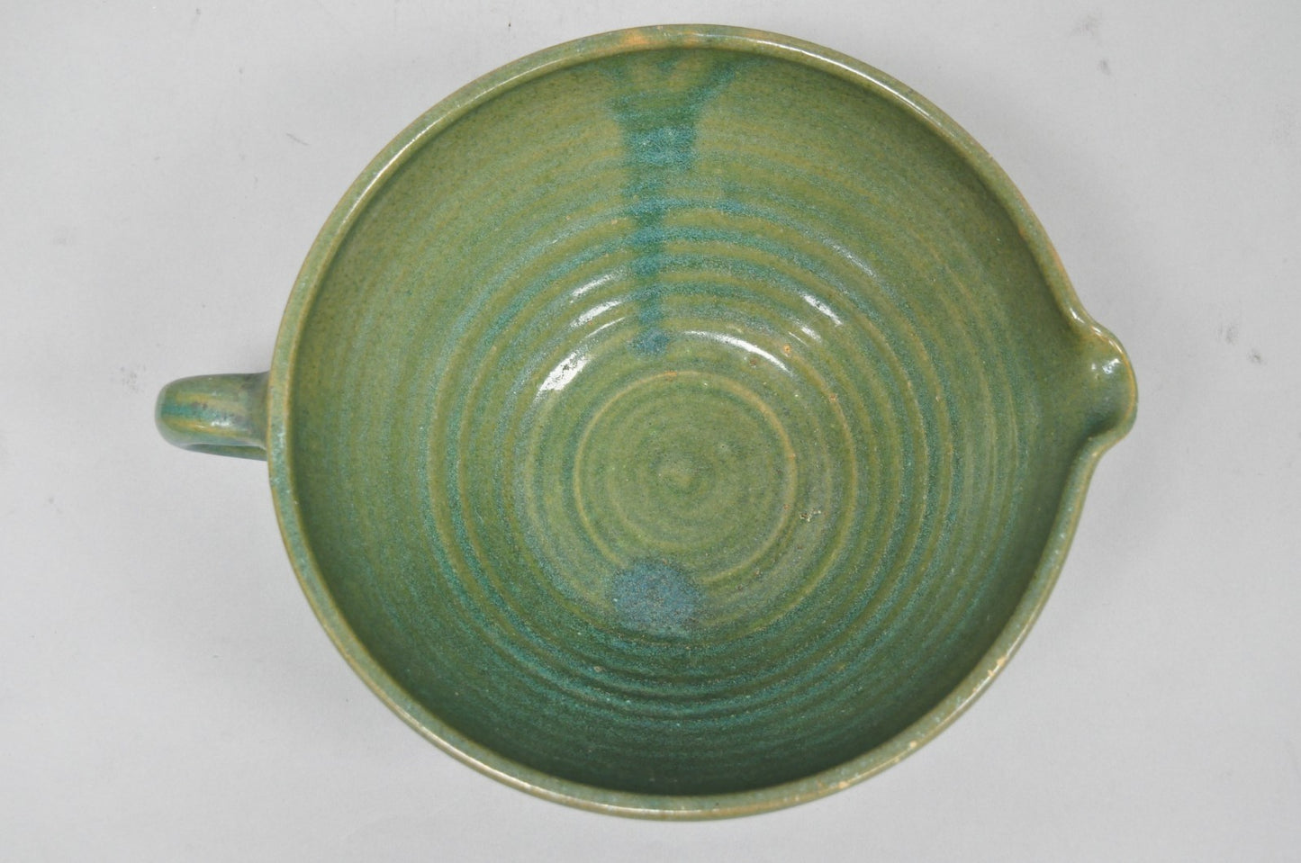 Vintage Primitive Green Glazed Ceramic Pottery Large Mixing Bowl w Handle