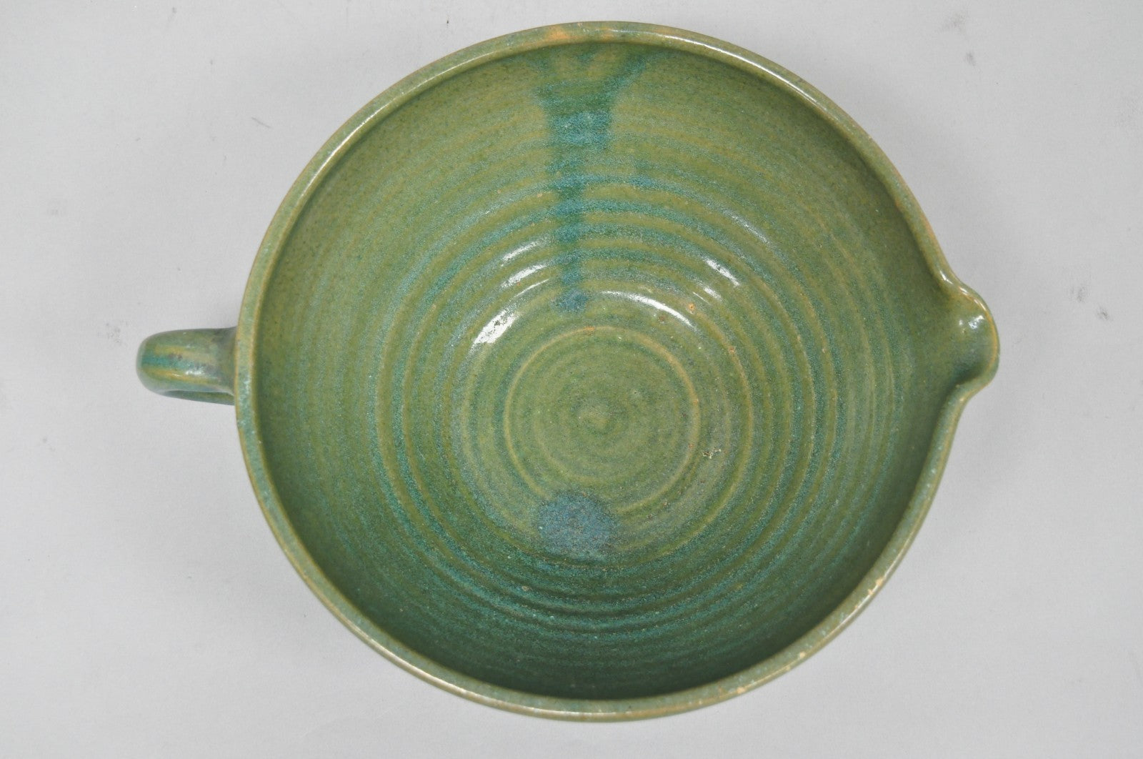 Vintage Primitive Green Glazed Ceramic Pottery Large Mixing Bowl w Handle