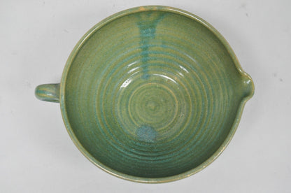 Vintage Primitive Green Glazed Ceramic Pottery Large Mixing Bowl w Handle