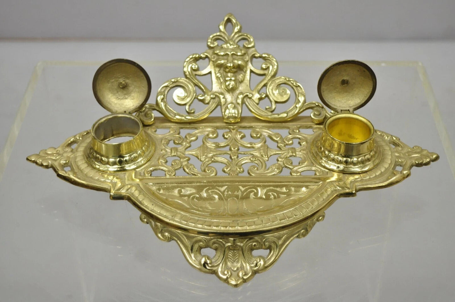 Vintage Renaissance Victorian Style Brass Lion Head Double Pen Desk Inkwell