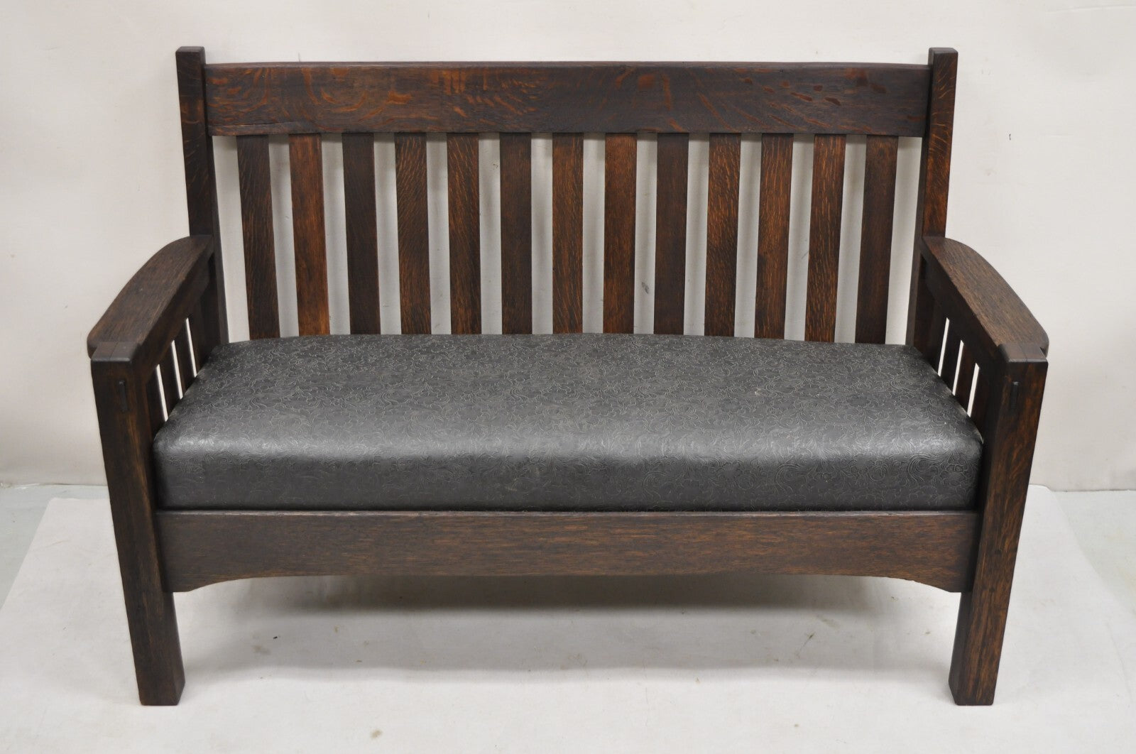Antique Arts & Crafts Mission Oak Stickley Style 14 Slatted Bench Settee Sofa