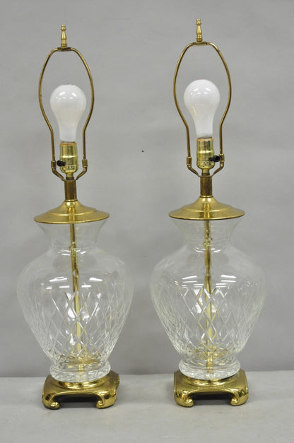 Vintagte Chinoiserie Diamond Crystal Glass Ginger Jar Brass Table Lamps - a Pair