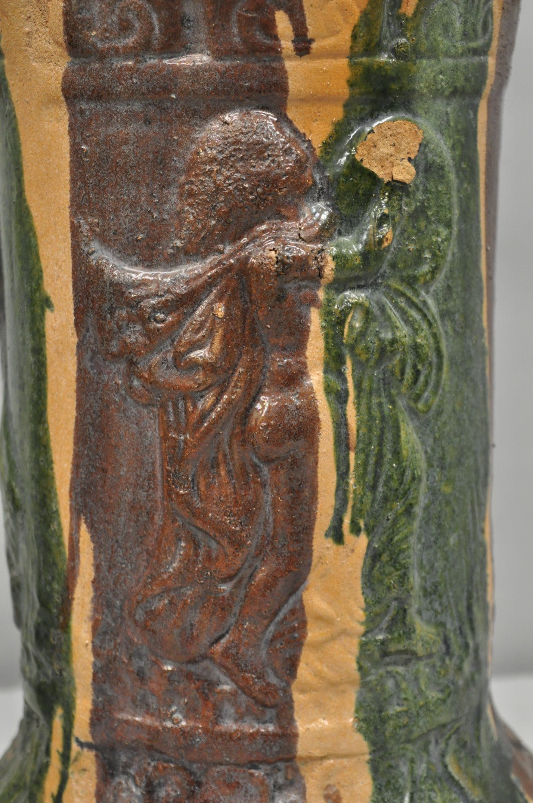 Antique Majolica Terracotta Red Green Drip Glaze Figural Plant Stand Pedestal