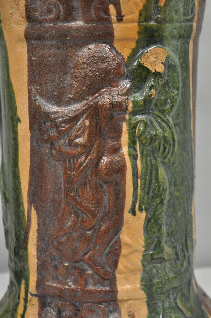 Antique Majolica Terracotta Red Green Drip Glaze Figural Plant Stand Pedestal