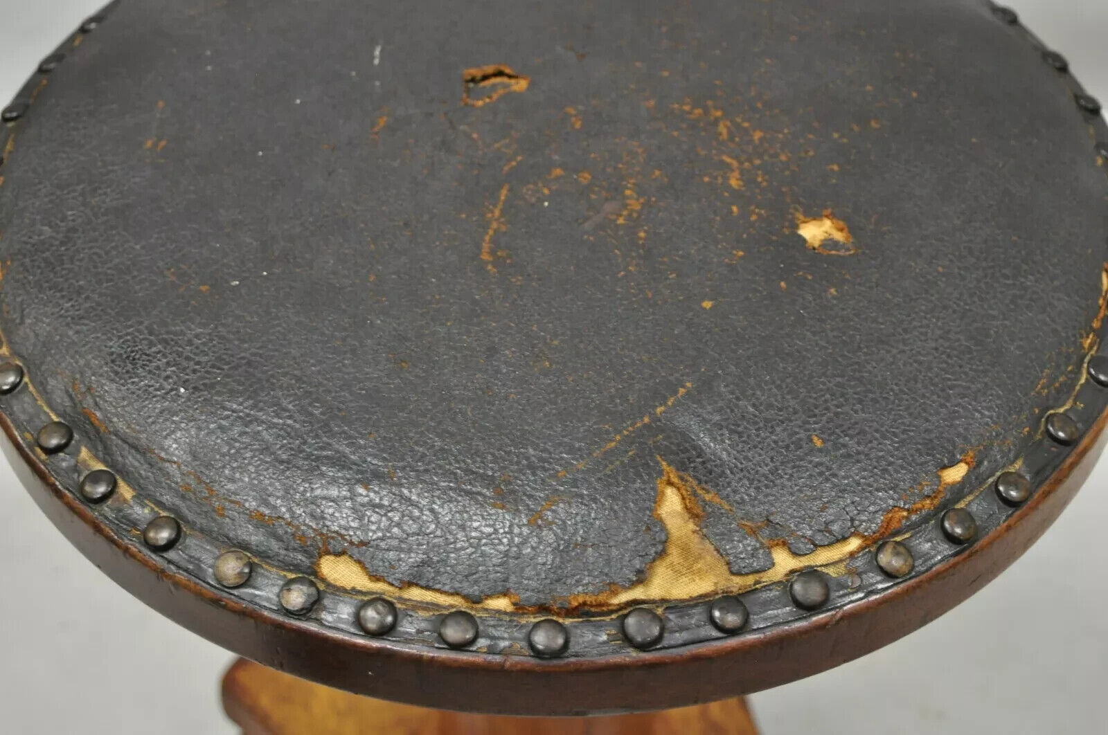 19th C. American Empire Mahogany Carved Column Paw Foot Swivel Leather Stool