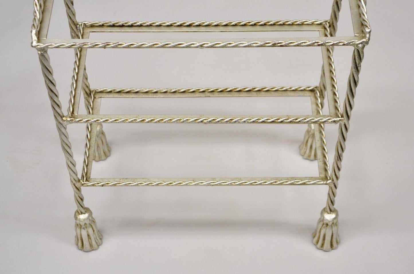 Italian Hollywood Regency Silver Leaf Gilt Iron 3 Tier Shelf Small Display Stand