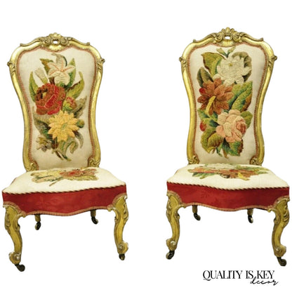 Antique Victorian Gold Giltwood Rococo Parlor Slipper Lounge Chairs - a Pair