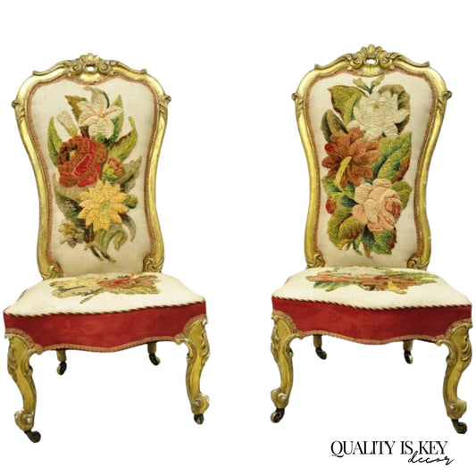 Antique Victorian Gold Giltwood Rococo Parlor Slipper Lounge Chairs - a Pair