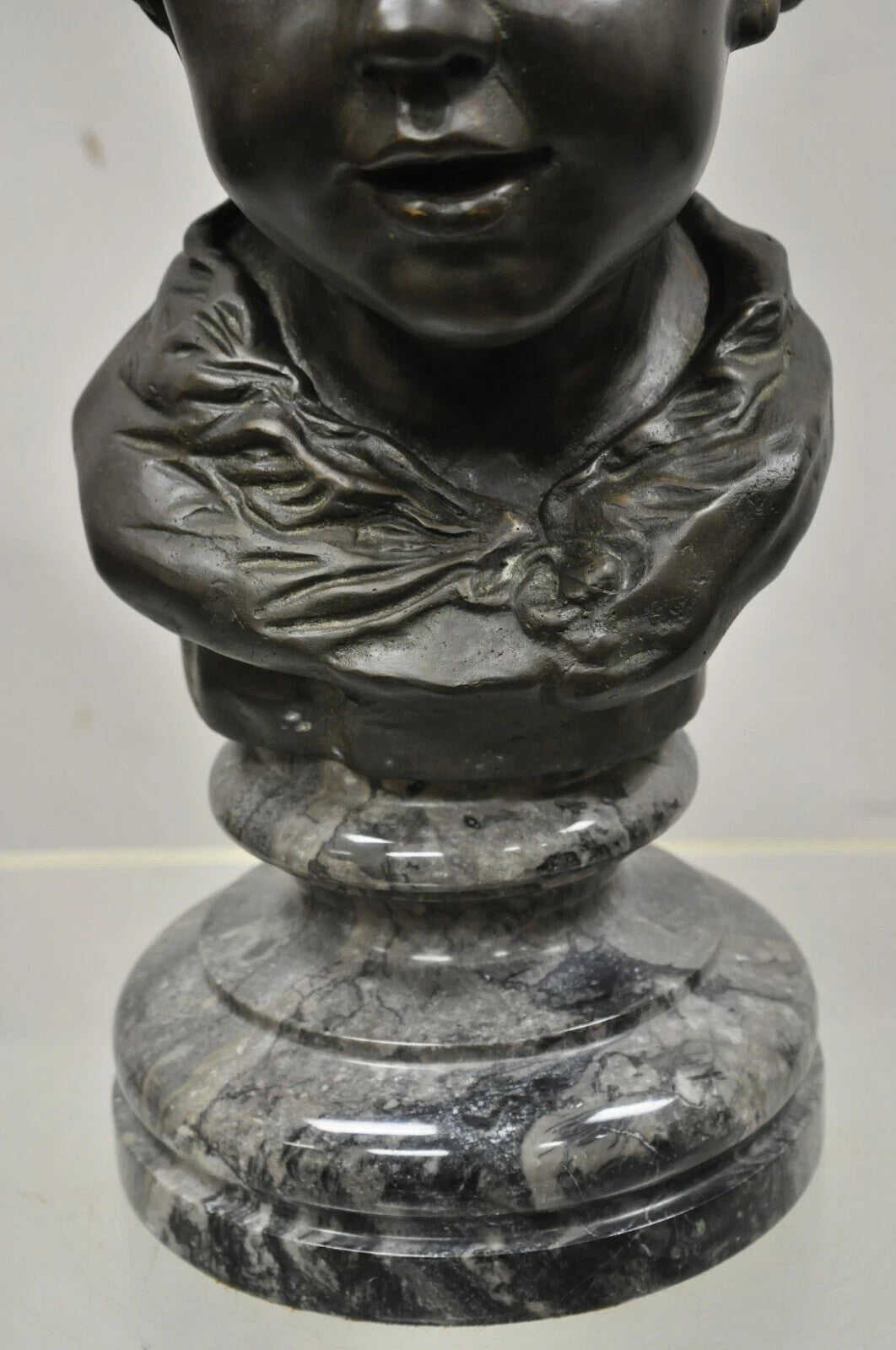 Maitland Smith Victorian Style 19" Bronze Boy Bust Head Sculpture on Marble Base