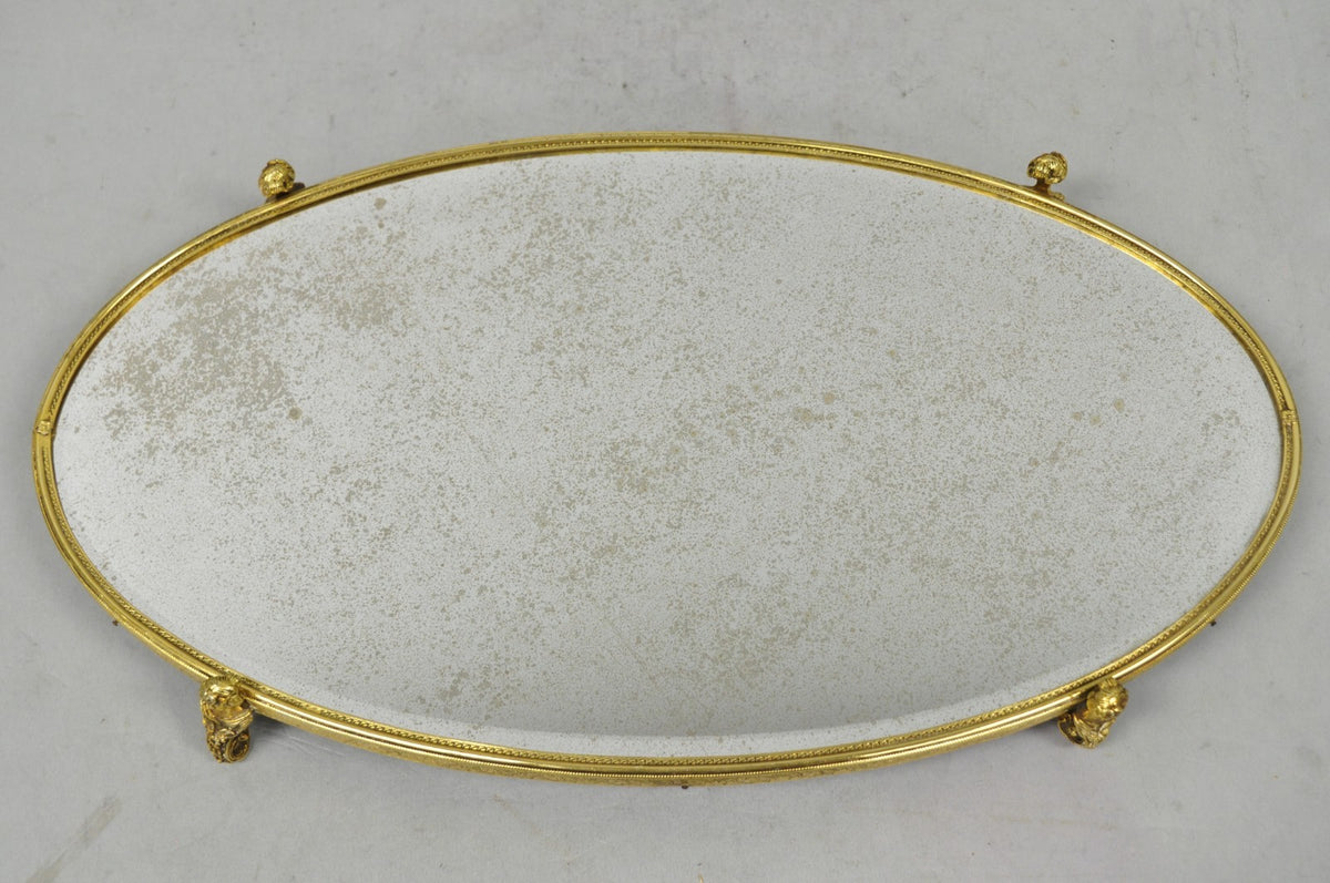 Vintage Hollywood Regency Gold Maiden Bust Oval Beveled Glass Mirror Vanity Tray
