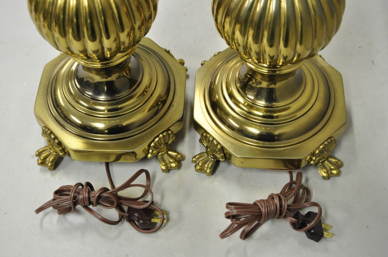 Vintage French Empire Style Burnished Brass Column Paw Foot Table Lamps - a Pair