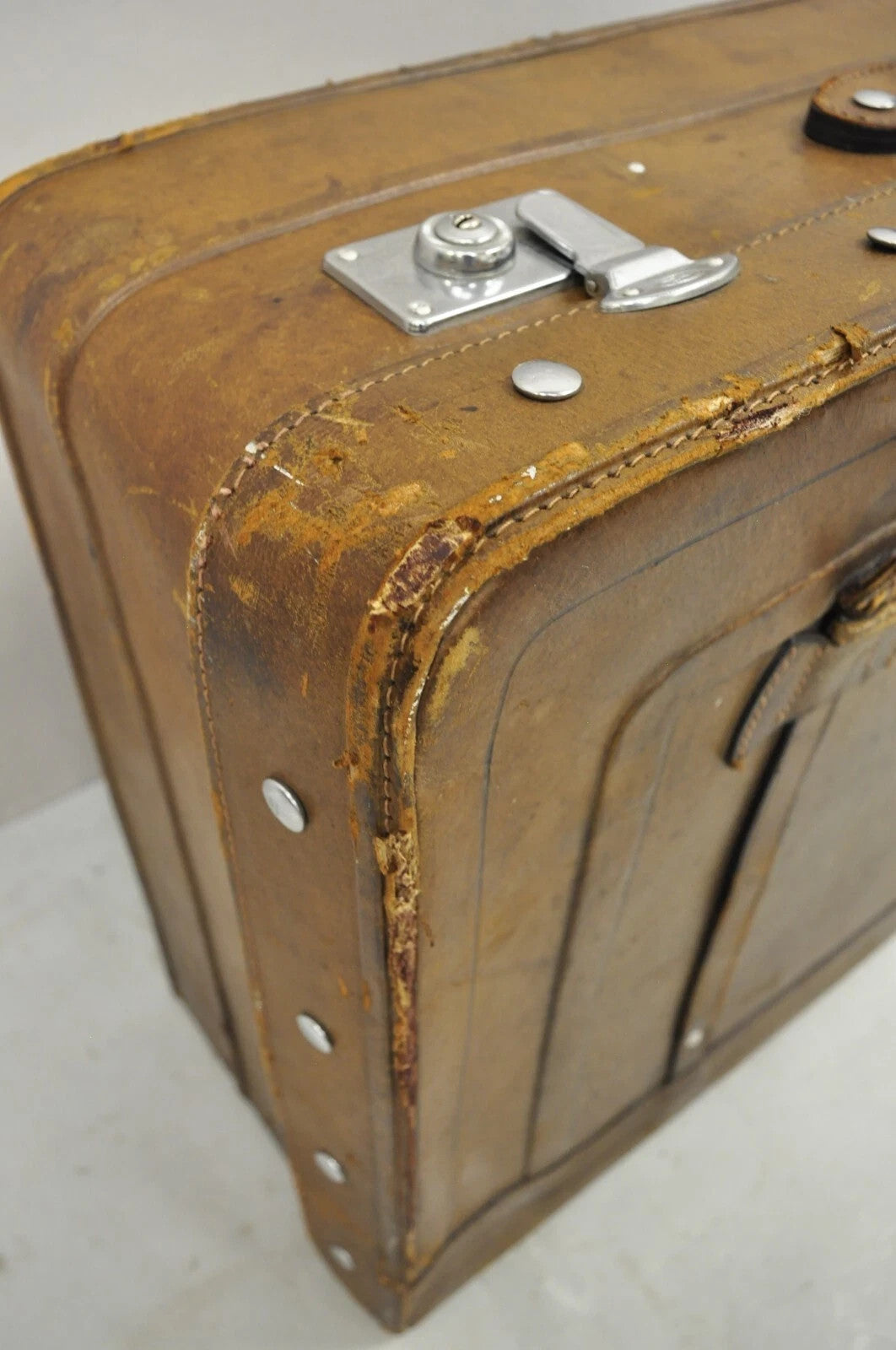 Vintage Art Deco Brown Distressed Leather 33" Luggage Suitcase by Golden Leaf