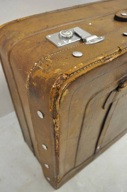 Vintage Art Deco Brown Distressed Leather 33" Luggage Suitcase by Golden Leaf