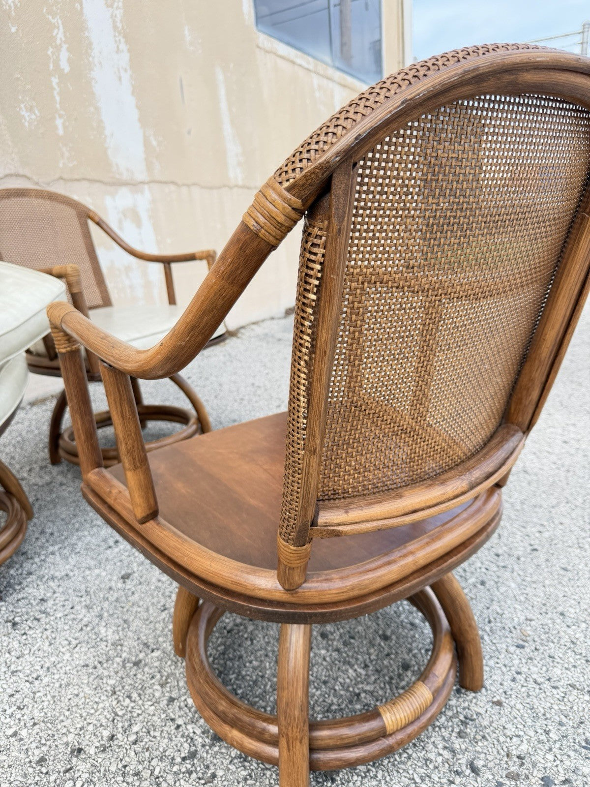 Vintage Hollywood Regency Bentwood Rattan Bamboo Swivel Chair Dining Set - 5 Pcs