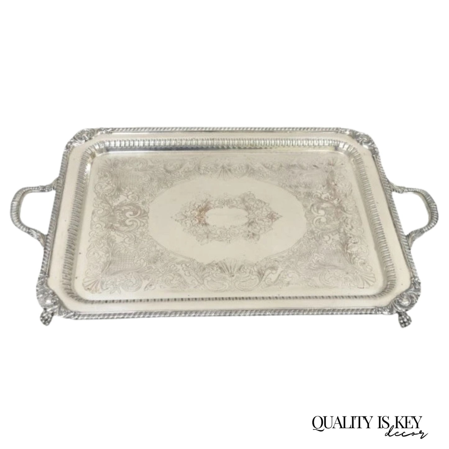 Antique English Victorian Rectangular Silver Plated Platter Bar Tray on Paw Feet