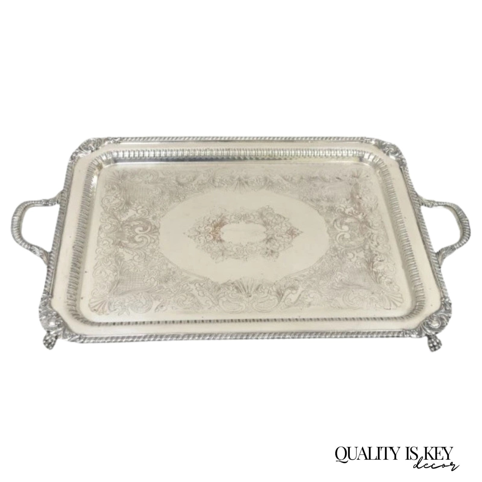 Antique English Victorian Rectangular Silver Plated Platter Bar Tray on Paw Feet