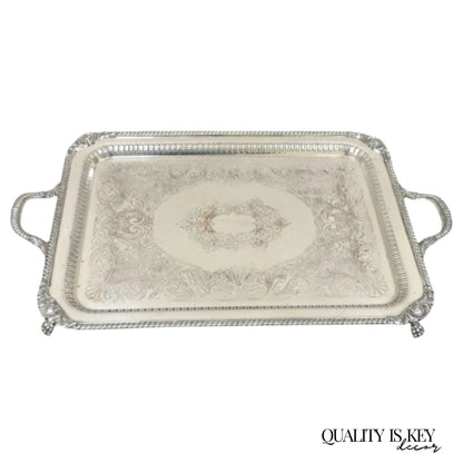Antique English Victorian Rectangular Silver Plated Platter Bar Tray on Paw Feet