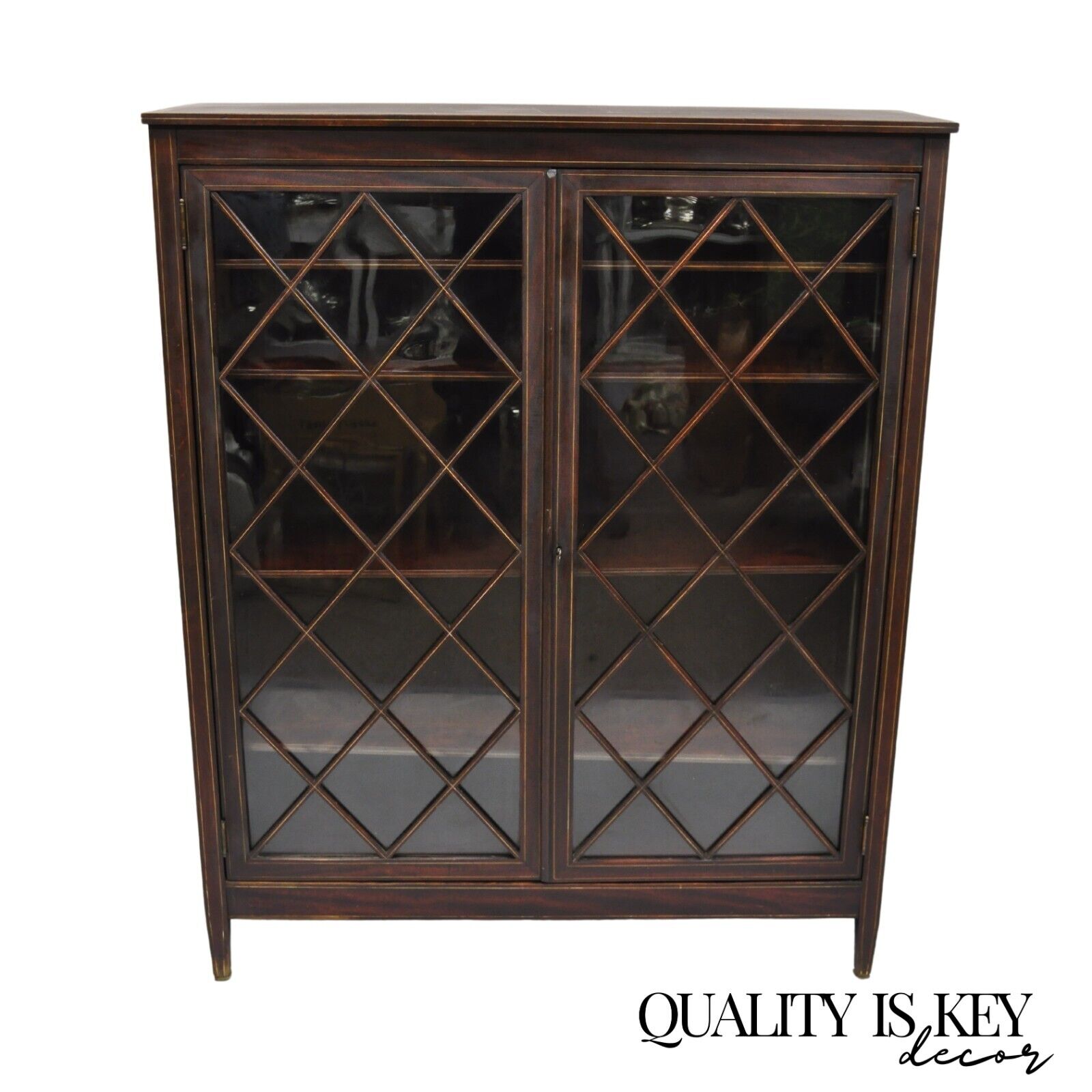 Antique Edwardian Mahogany Lattice Inlaid 2 Door 52" Closed Bookcase
