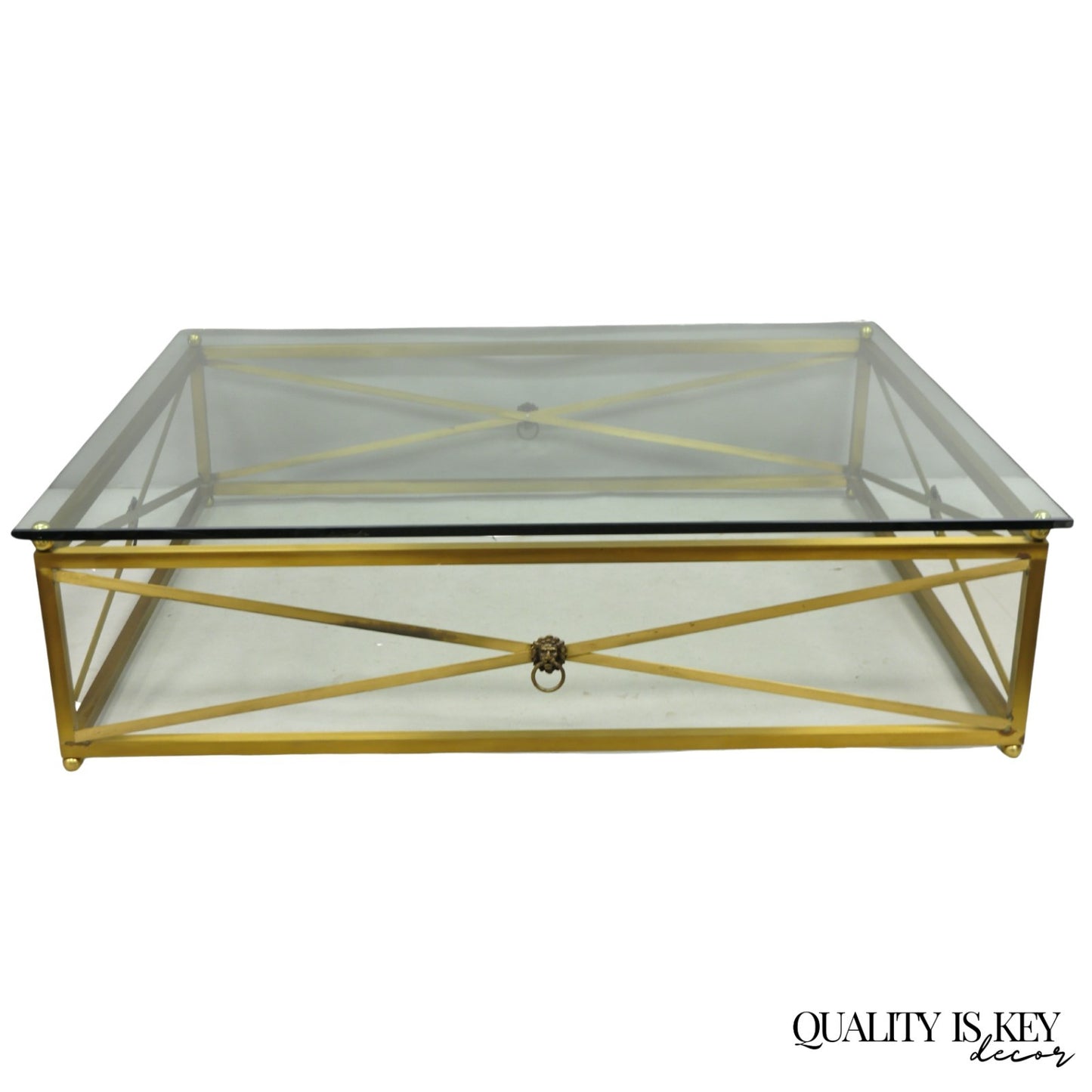 Large Regency Style Burnished Brass Rectangular Glass Top Coffee Table w/ Lions