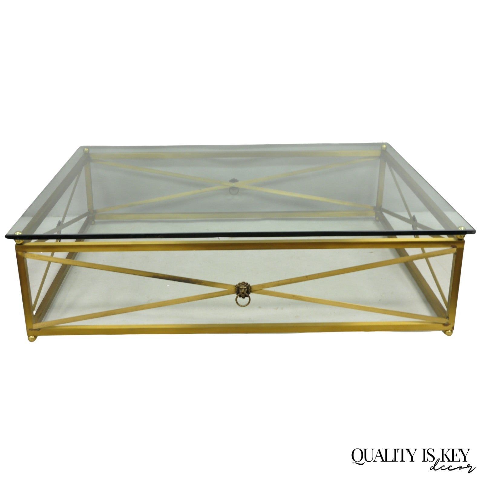 Large Regency Style Burnished Brass Rectangular Glass Top Coffee Table w/ Lions