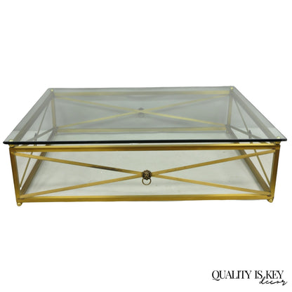 Large Regency Style Burnished Brass Rectangular Glass Top Coffee Table w/ Lions