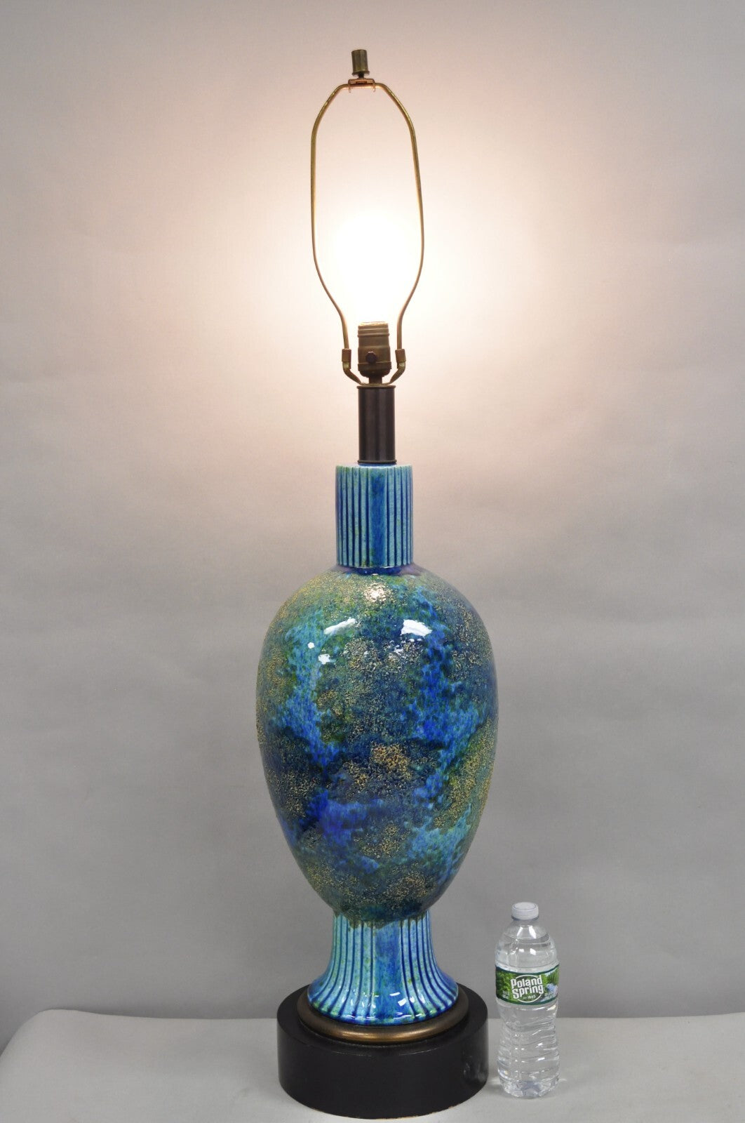Vintage Mid Century Italian Modern Blue Glazed Ceramic Pottery Tall Table Lamp