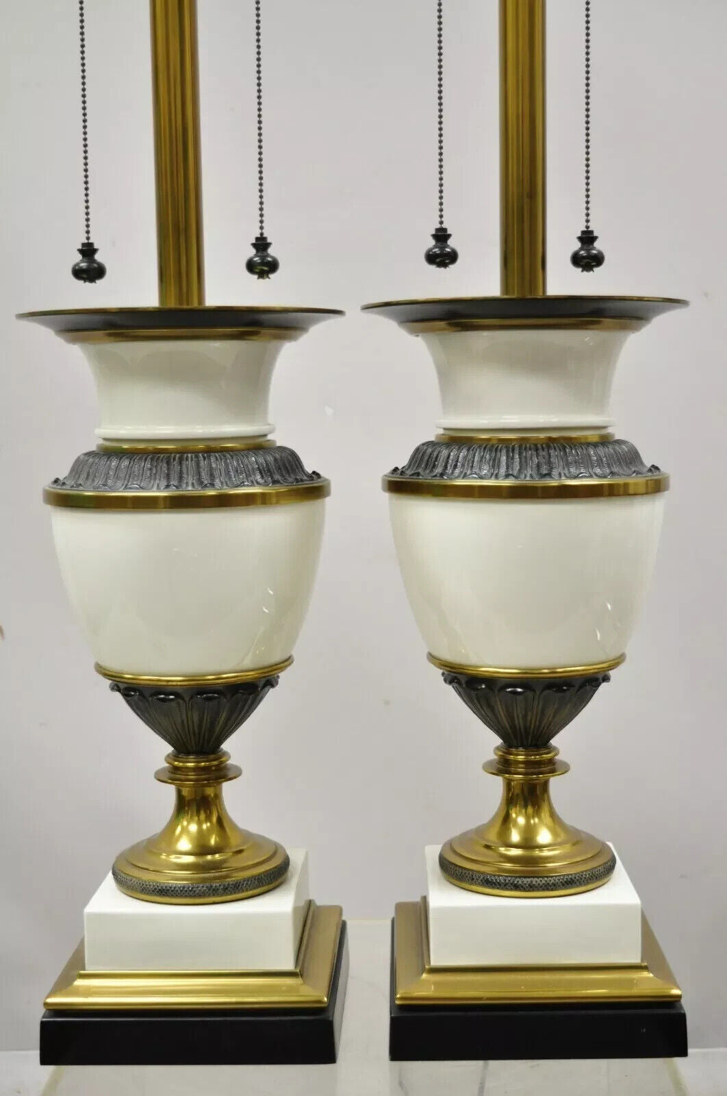 Stiffel Italian Regency Large Porcelain Urn Brass Finish Tall Table Lamps - Pair