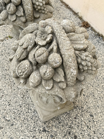 Vintage Cast Cement Stone 26" Fruit & Flower Basket Garden Lawn Ornament - Pair