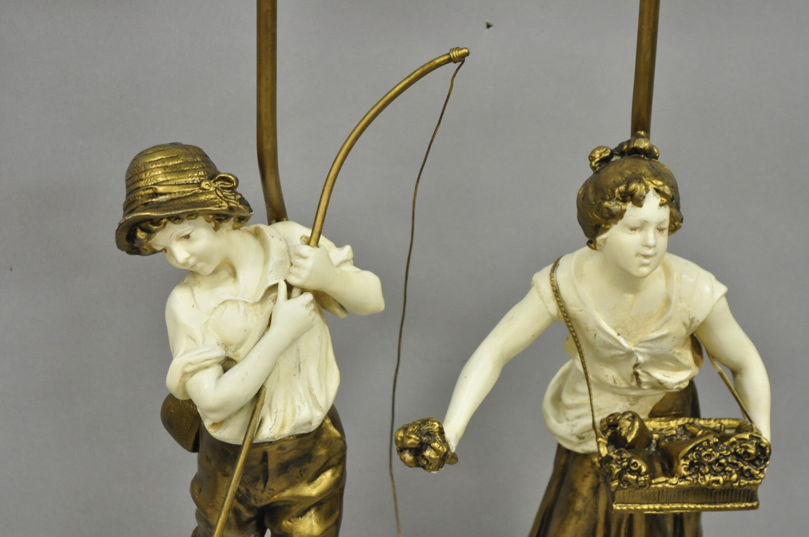 Antique French Victorian Moreau Figural Metal Boy and Girl Table Lamps - a Pair