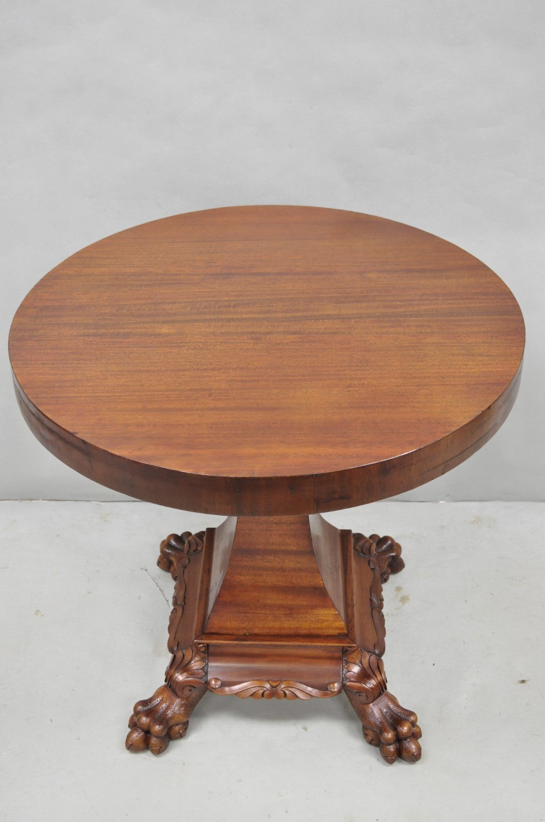 Antique American Empire Round Mahogany Carved Paw Foot Pedestal Base Side Table