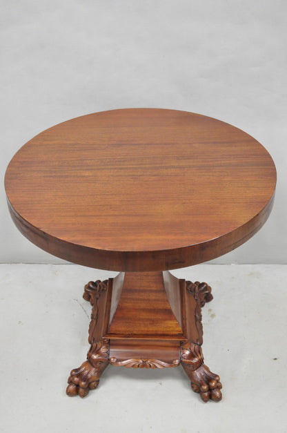 Antique American Empire Round Mahogany Carved Paw Foot Pedestal Base Side Table