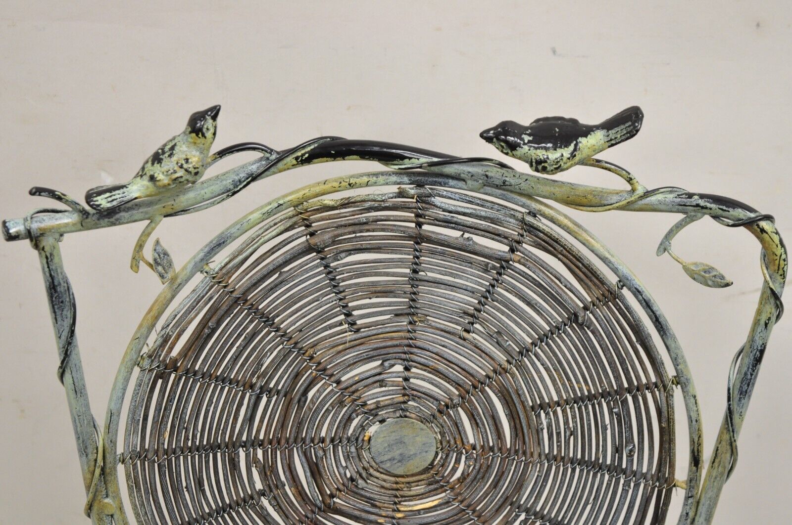 French Country Style Iron and Wood Reed Green Bistro Side Chair with Birds