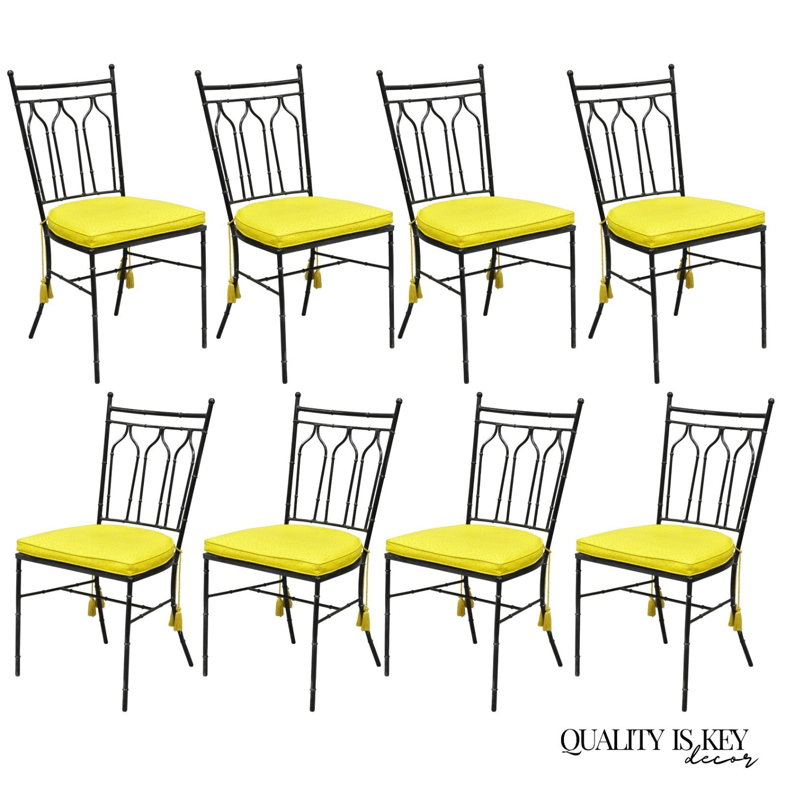 Vintage Salterini Hollywood Regency Wrought Iron Faux Bamboo Dining Chair, Set 8