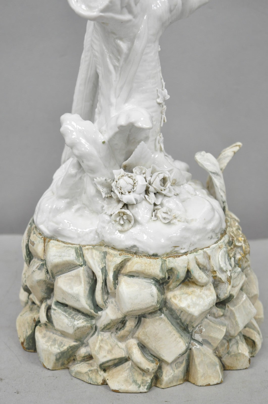 Antique Italian Blanc de Chine White Porcelain Perched Parrot Bird Table Lamp