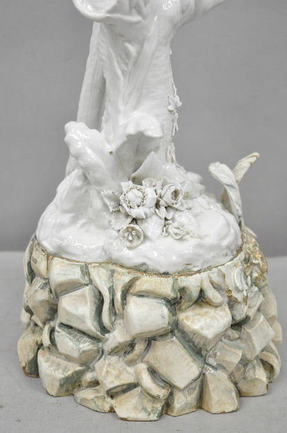 Antique Italian Blanc de Chine White Porcelain Perched Parrot Bird Table Lamp