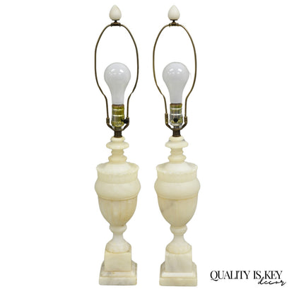 Antique French Empire Neoclassical Carved Alabaster Urn Table Lamp - a Pair