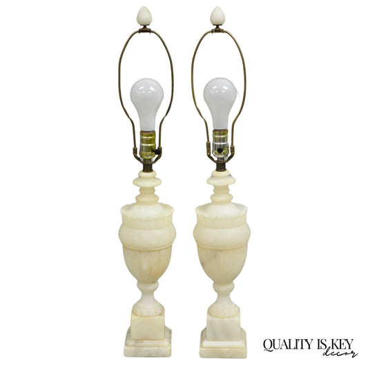 Antique French Empire Neoclassical Carved Alabaster Urn Table Lamp - a Pair