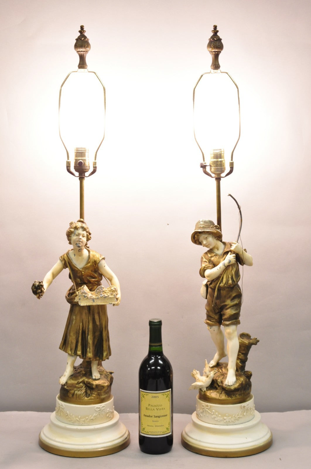 Antique French Victorian Moreau Figural Metal Boy and Girl Table Lamps (B), Pair