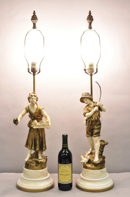 Antique French Victorian Moreau Figural Metal Boy and Girl Table Lamps (B), Pair