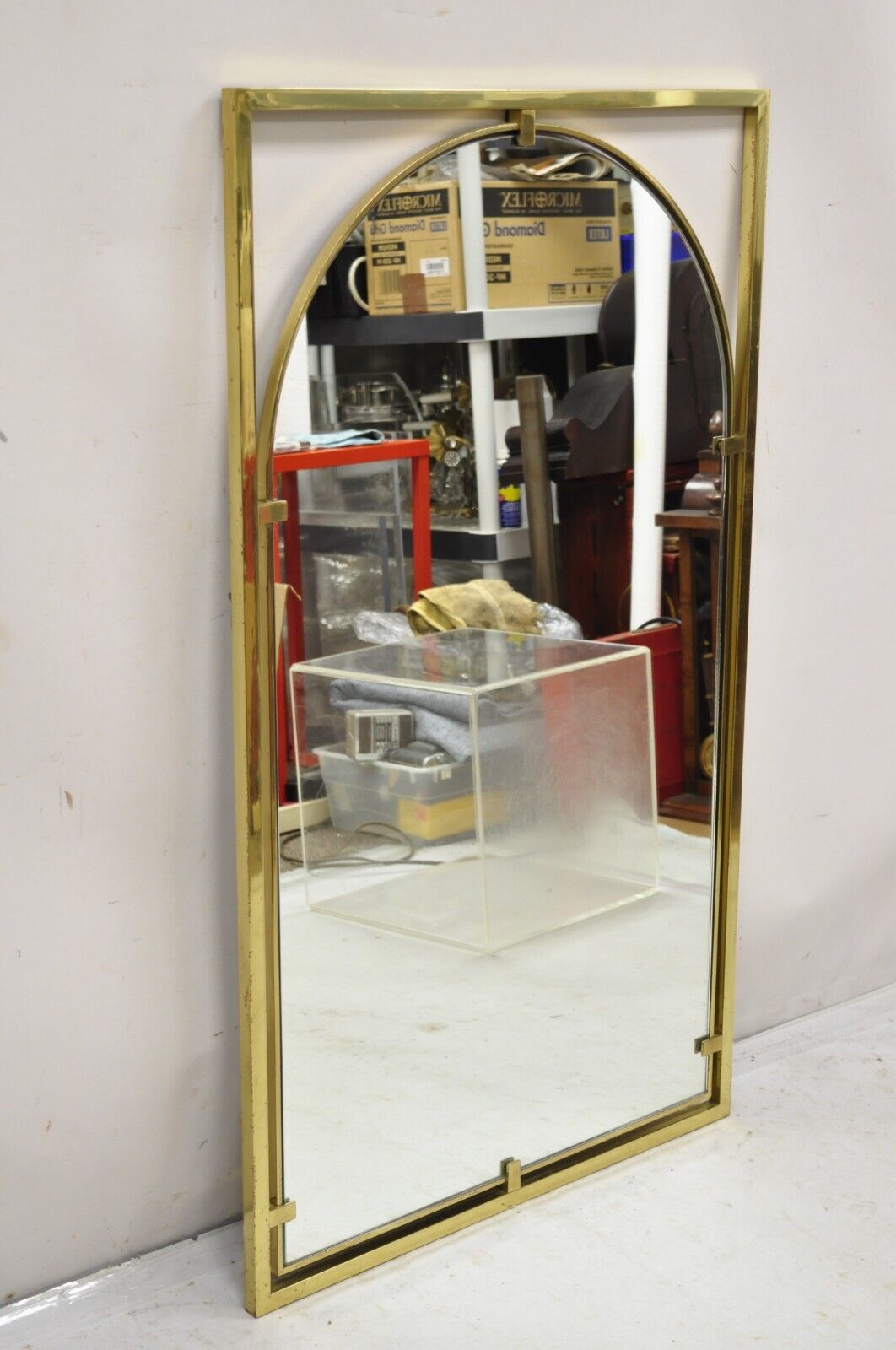 John Stuart Hollywood Regency Brass Frame Arched Glass Modernist Wall Mirror